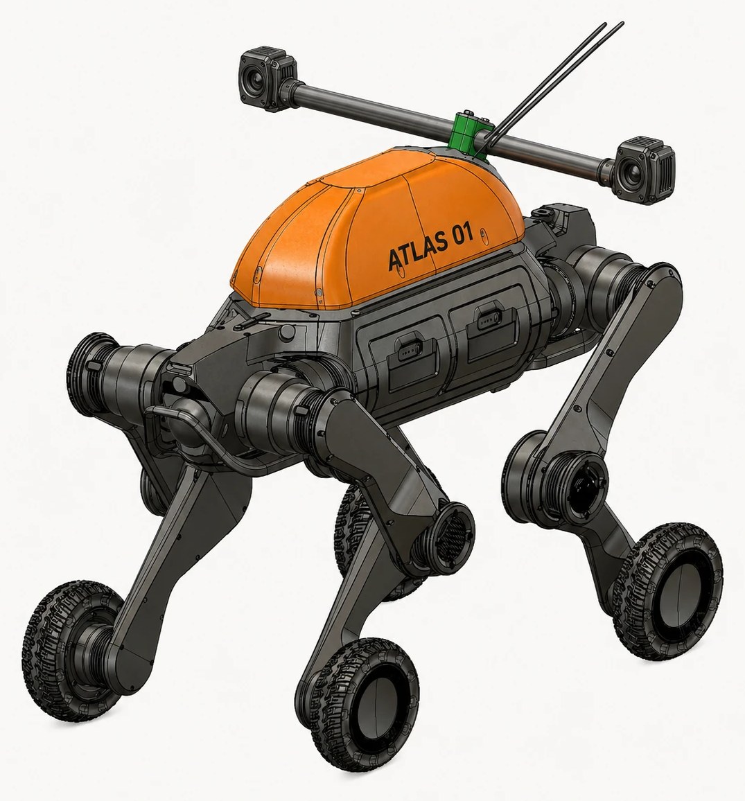 Concept rendering: an orange-shelled backpack unit labelled ATLAS 01 mounted on a dark wheeled-leg quadruped, a crossbar above it carrying two cameras and twin antennas.